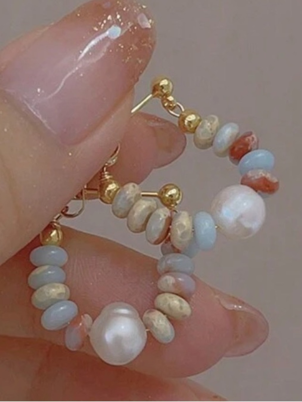 Gold Pearl & Pastel Bead Hoop Earrings - Women Jewelry